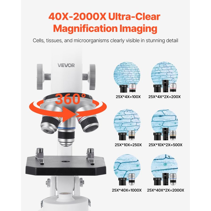 VEVOR Monocular Microscope for Adults, Professional Compound Microscope Kit, 40-2000X Magnification, Aluminum Alloy Body, Includes LED Light and Phone Holder, for Laboratory, School, Home, Education
