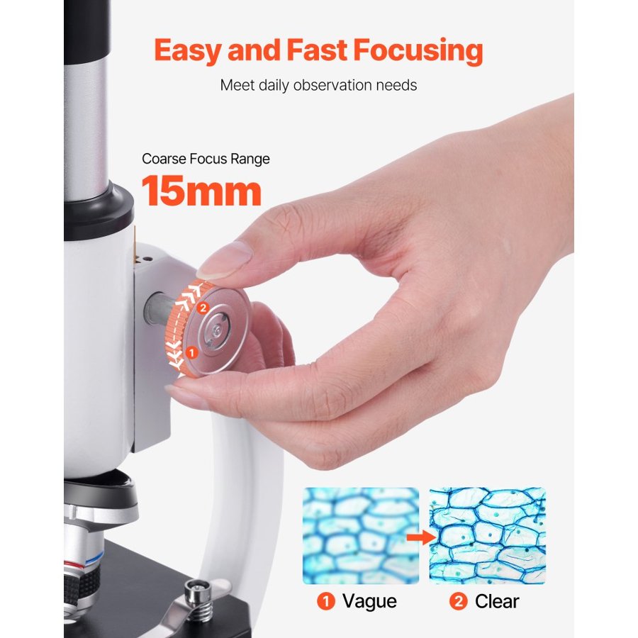 VEVOR Monocular Microscope for Adults, Professional Compound Microscope Kit, 40-2000X Magnification, Aluminum Alloy Body, Includes LED Light and Phone Holder, for Laboratory, School, Home, Education