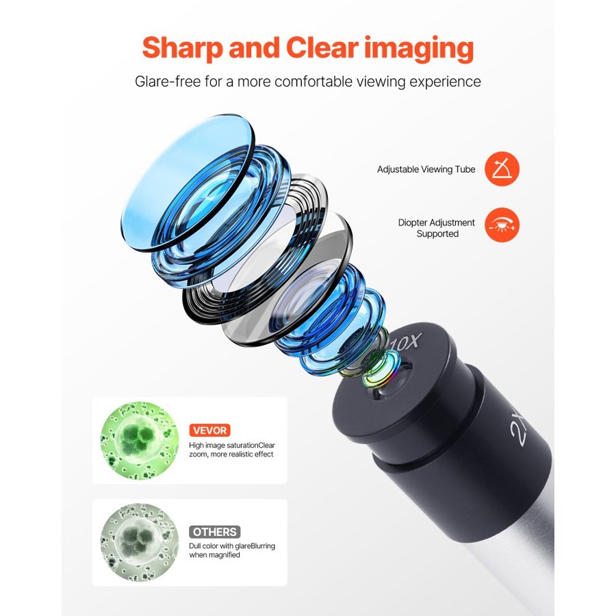 VEVOR Monocular Microscope for Adults, Professional Compound Microscope Kit, 40-2000X Magnification, Aluminum Alloy Body, Includes LED Light and Phone Holder, for Laboratory, School, Home, Education