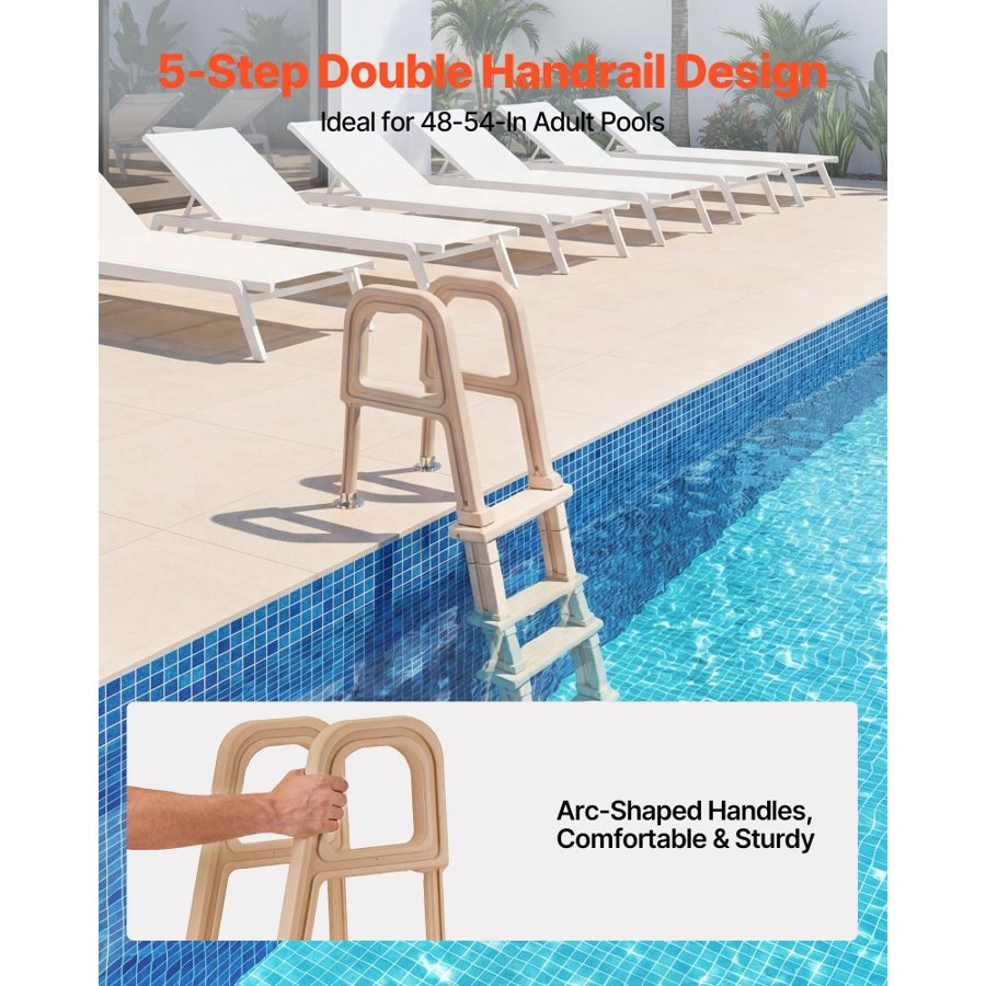 VEVOR Swimming Pool Ladder, Inclined 5-Step Double Handrails Stair, Non-slip Wide Step, 136 kg Load Capacity, for 121.9-137.2 cm Inground & Above-ground Pools, Any Deck Surface, Indoor & Outdoor, Taupe