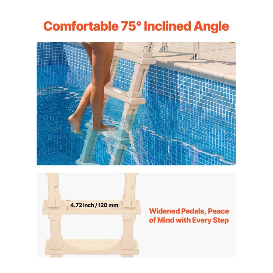 VEVOR Swimming Pool Ladder, Inclined 5-Step Double Handrails Stair, Non-slip Wide Step, 136 kg Load Capacity, for 121.9-137.2 cm Inground & Above-ground Pools, Any Deck Surface, Indoor & Outdoor, Taupe