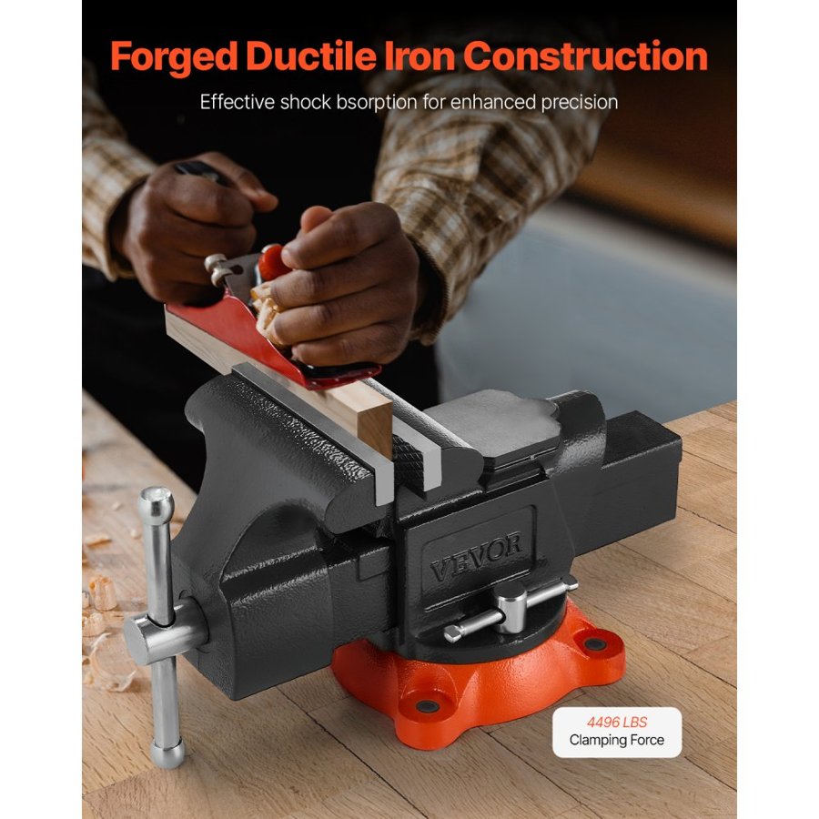 VEVOR Bench Vise, 127 mm(5") Jaw Width, 127 mm(5") Max Jaw Opening Multipurpose Vise with 360°Swivel Locking Base, 71 mm(2.8") Throat Depth, Heavy Duty Ductile Iron Workbench Vise with Anvil, for Clamping Round Pipes