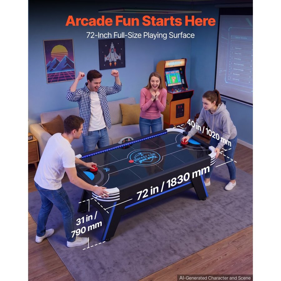 VEVOR 1.8m Air Hockey Table with LED Lights & Electronic Scorer, for Family Game Room, Basements and Home, Air Powered Hockey Arcade Game Table Set with High-powered Blower, Stable Leg