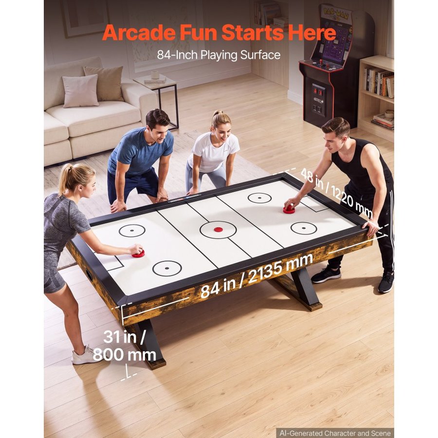 VEVOR 2.1m Air Hockey Table with Electronic Scorer & High-powered Blower, for Family Game Room, Basements and Home, Air Powered Hockey Arcade Game Table Set with Pushers & Pucks, Stable X-shaped Leg