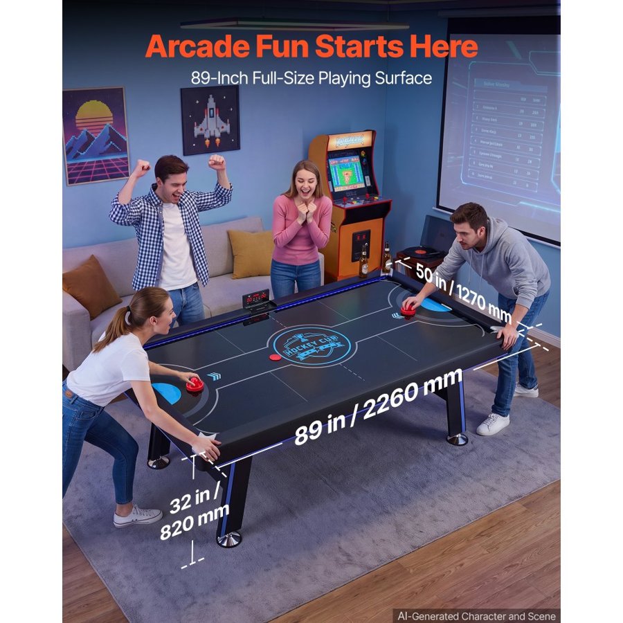 VEVOR 2.2m Air Hockey Table with LED Lights & Electronic Scorer, for Family Game Room, Basements, Home, Air Powered Hockey Arcade Game Table Set with High-powered Blower, Stable H-shaped Leg
