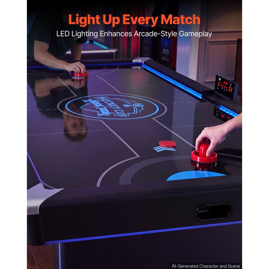 VEVOR 2.2m Air Hockey Table with LED Lights & Electronic Scorer, for Family Game Room, Basements, Home, Air Powered Hockey Arcade Game Table Set with High-powered Blower, Stable H-shaped Leg