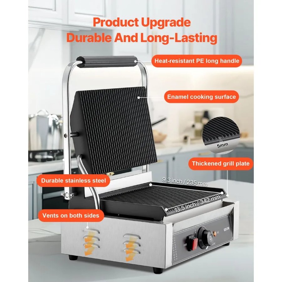 VEVOR Commercial Panini Grill, 2200W Electric Sandwich Panini Maker, Stainless Steel Sandwichs Press Grill with Handle and Temp Control, 34x23 cm Full Grooved Enamel Plate, for Hamburger Steak Bacon