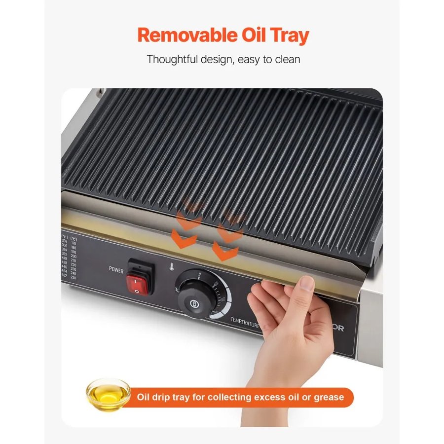 VEVOR Commercial Panini Grill, 2200W Electric Sandwich Panini Maker, Stainless Steel Sandwichs Press Grill with Handle and Temp Control, 34x23 cm Full Grooved Enamel Plate, for Hamburger Steak Bacon