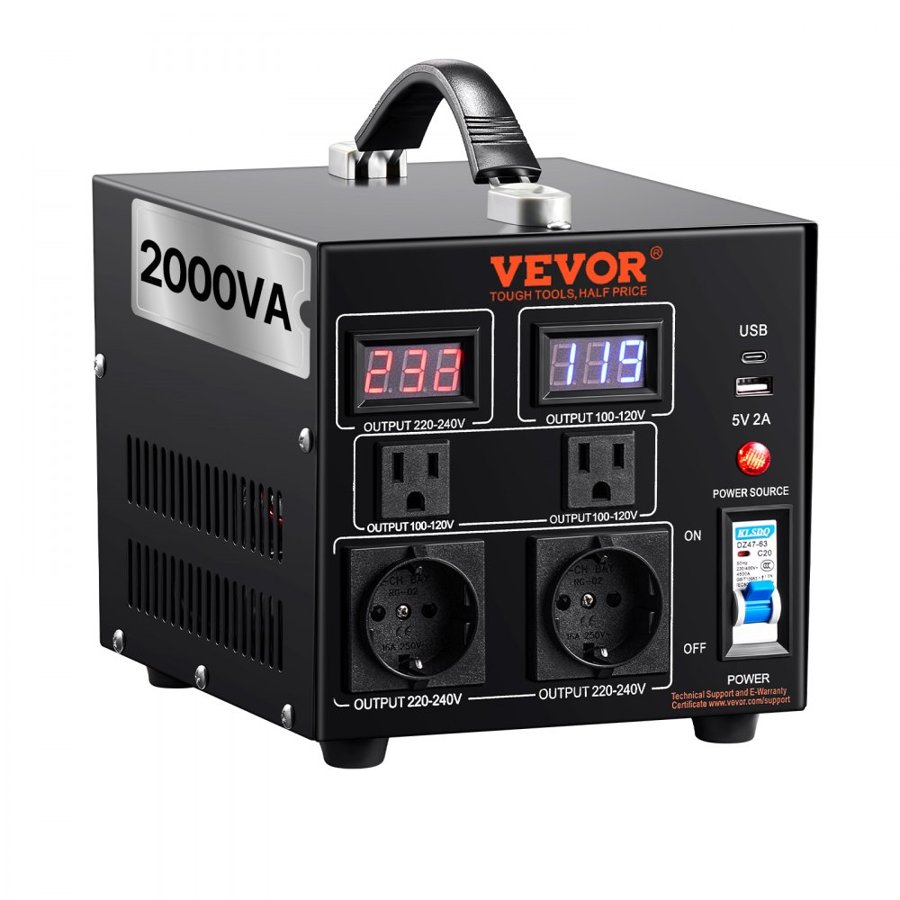 VEVOR Voltage Converter Transformer, 2000VA, Heavy Duty Step Up/Down Transformer, Convert from 110 Volt to 220 Volt and from 220 Volt to 110 Volt, with US Outlet EU Outlet 5V USB Port, CE Certified
