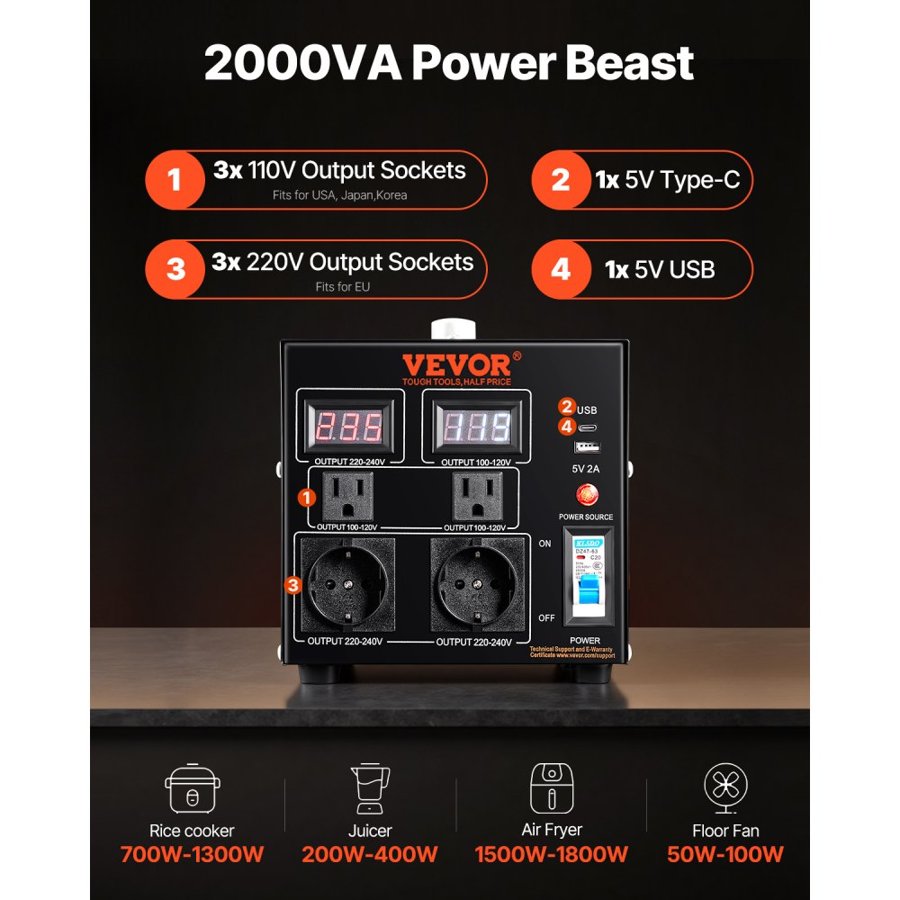 VEVOR Voltage Converter Transformer, 2000VA, Heavy Duty Step Up/Down Transformer, Convert from 110 Volt to 220 Volt and from 220 Volt to 110 Volt, with US Outlet EU Outlet 5V USB Port, CE Certified