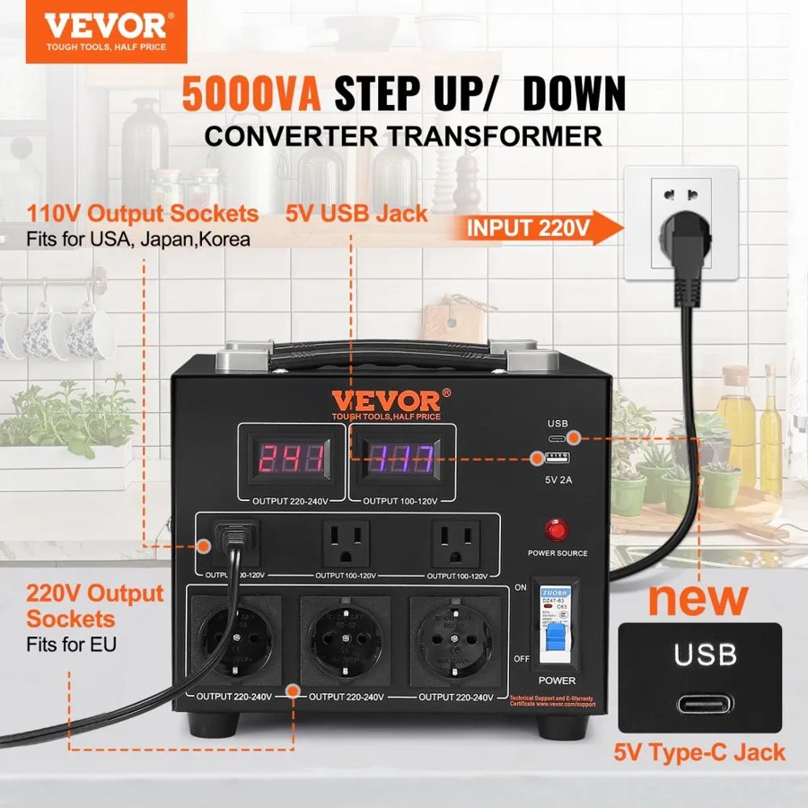 VEVOR Voltage Converter Transformer, 5000VA, Heavy Duty Step Up/Down Transformer, Convert from 110 Volt to 220 Volt and from 220 Volt to 110 Volt, with US Outlet EU Outlet 5V USB Port, CE Certified