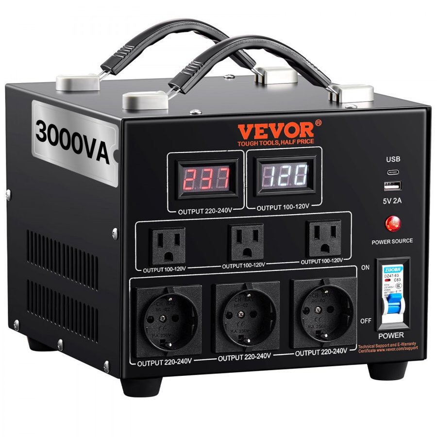 VEVOR Voltage Converter Transformer, 3000VA, Heavy Duty Step Up/Down Transformer, Convert from 110 Volt to 220 Volt and from 220 Volt to 110 Volt, with US Outlet EU Outlet 5V USB Port, CE Certified