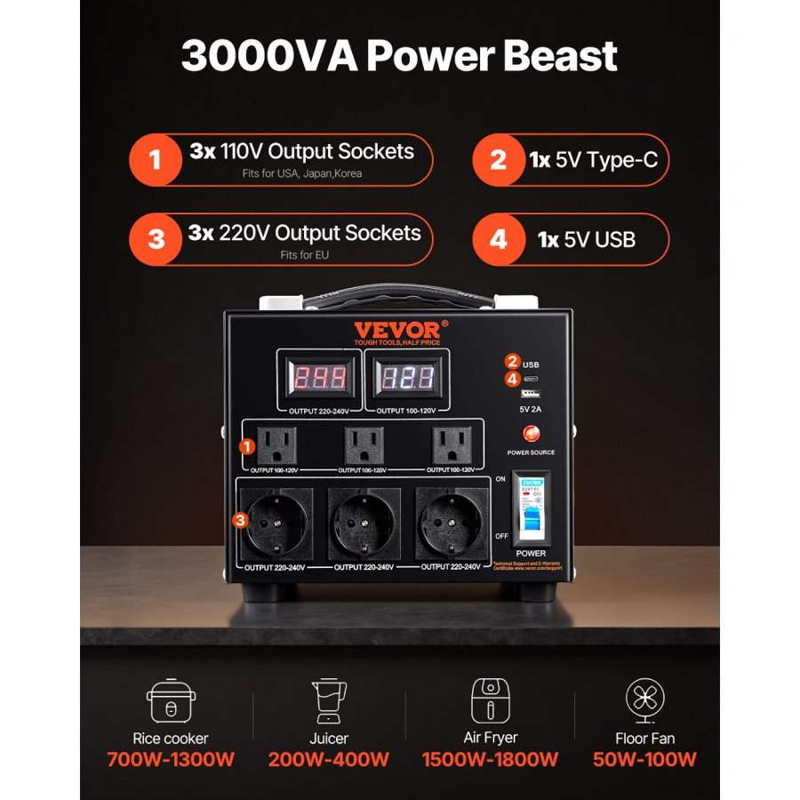 VEVOR Voltage Converter Transformer, 3000VA, Heavy Duty Step Up/Down Transformer, Convert from 110 Volt to 220 Volt and from 220 Volt to 110 Volt, with US Outlet EU Outlet 5V USB Port, CE Certified