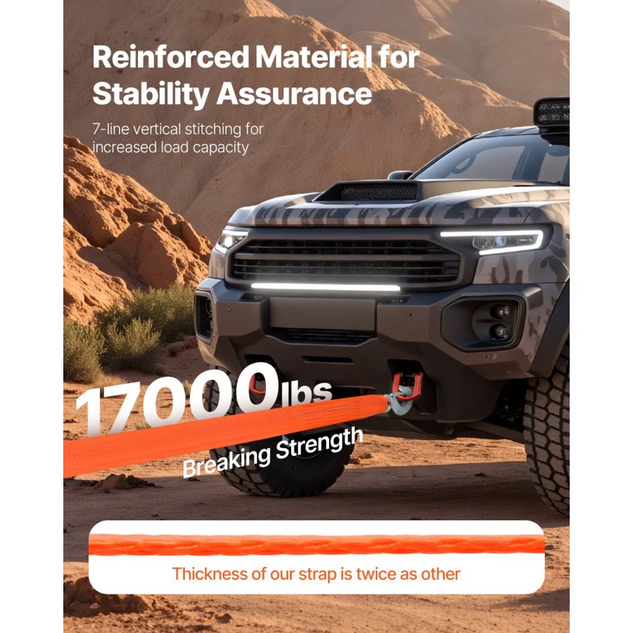 VEVOR ATV Tow Strap with Hooks, 50.8 mm x 6.1 m, 7711 kg Capacity, Durable Recovery Rope with Security Hooks for Trucks and Vehicles, Essential Towing Accessory for Roadside Assistance