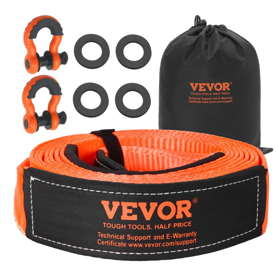 VEVOR Heavy Duty Tow Strap Recovery Kit 76.2 mm x 6.1 m (MBS-16329 kg) Tree Saver Winch Strap, Triple Reinforced Loop & Protective Sleeves & Storage Bag, 19 mm D-Ring Shackles, for Truck Jeep SUV ATV