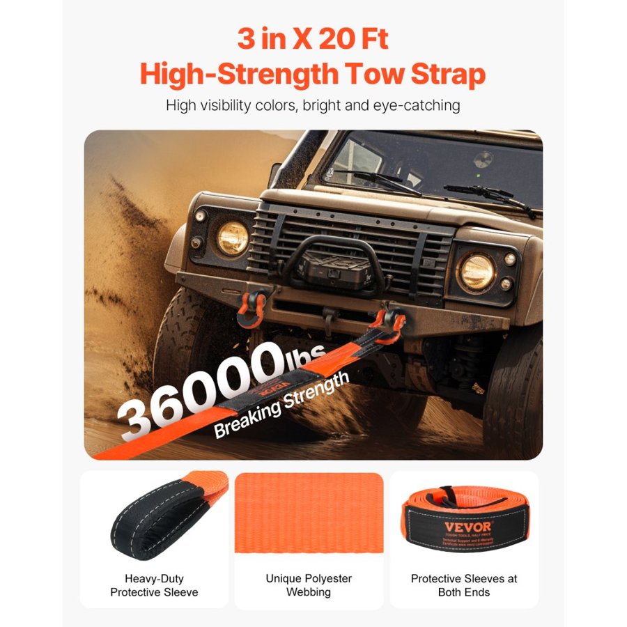 VEVOR Heavy Duty Tow Strap Recovery Kit 76.2 mm x 6.1 m (MBS-16329 kg) Tree Saver Winch Strap, Triple Reinforced Loop & Protective Sleeves & Storage Bag, 19 mm D-Ring Shackles, for Truck Jeep SUV ATV