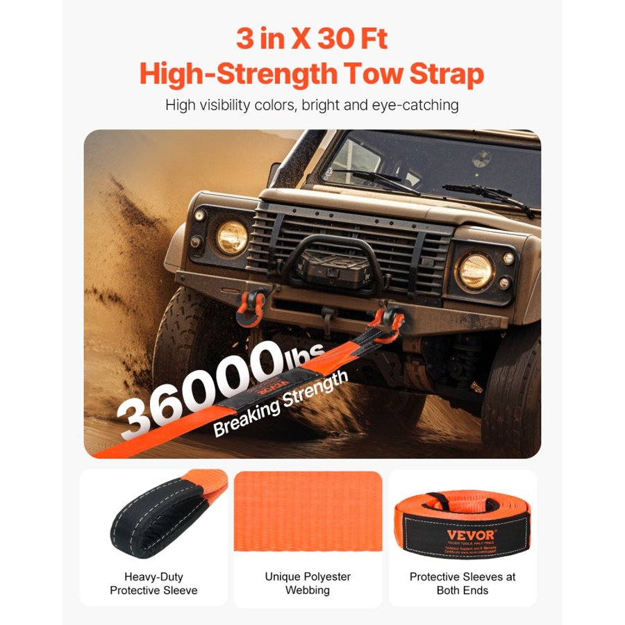 VEVOR Heavy Duty Tow Strap Recovery Kit 76.2 mm x 9.1 m (MBS-16329 kg) Tree Saver Winch Strap, Triple Reinforced Loop & Protective Sleeves & Storage Bag, 19 mm D-Ring Shackles, for Truck Jeep SUV ATV