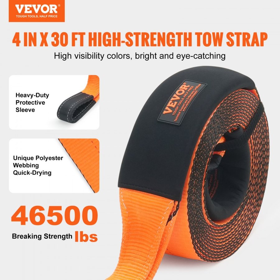 VEVOR Recovery Tow Strap 4" x 30'/10.2 cm x 9.1 m, 46,500 lbs/21,099 kg Break Strength, Triple Reinforced Loop Straps, Tree Saver, Off Road Towing and Recovery, Extreme Weather Resistance, Protective Sleeves & Storage Bag