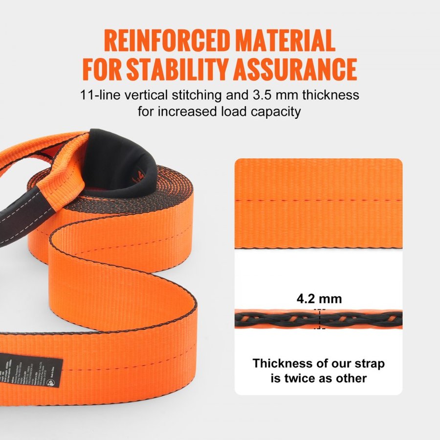 VEVOR Recovery Tow Strap 4" x 30'/10.2 cm x 9.1 m, 46,500 lbs/21,099 kg Break Strength, Triple Reinforced Loop Straps, Tree Saver, Off Road Towing and Recovery, Extreme Weather Resistance, Protective Sleeves & Storage Bag