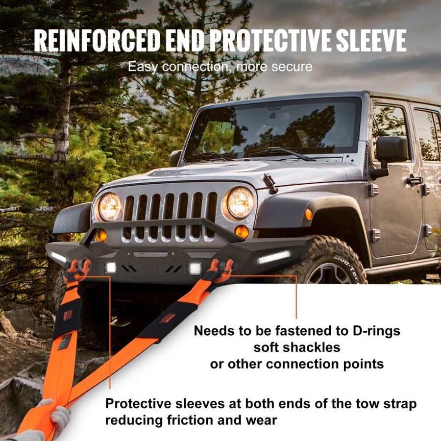 VEVOR Recovery Tow Strap 4" x 30'/10.2 cm x 9.1 m, 46,500 lbs/21,099 kg Break Strength, Triple Reinforced Loop Straps, Tree Saver, Off Road Towing and Recovery, Extreme Weather Resistance, Protective Sleeves & Storage Bag