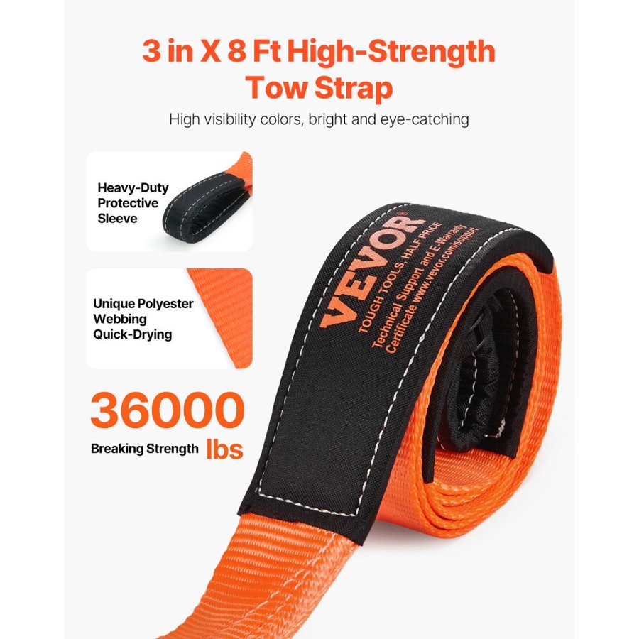 VEVOR Recovery Tow Straps – 3" x 8', 36,000 lbs, 3.5 mm