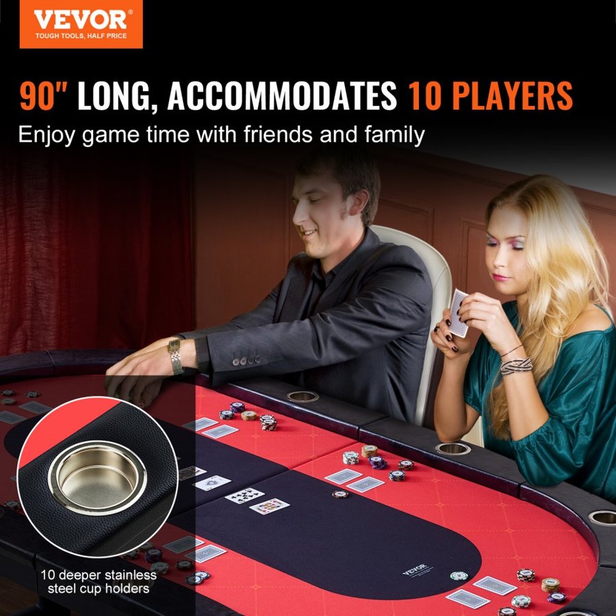 VEVOR 10 Player Foldable Poker Table, Blackjack Texas Holdem Poker Table with Padded Rails and Stainless Steel Cup Holders, Portable Folding Card Board Game Table, 228.6 cm Oval Casino Leisure Table