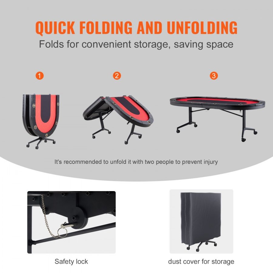 VEVOR 10 Player Foldable Poker Table, Blackjack Texas Holdem Poker Table with Padded Rails and Stainless Steel Cup Holders, Portable Folding Card Board Game Table, 228.6 cm Oval Casino Leisure Table
