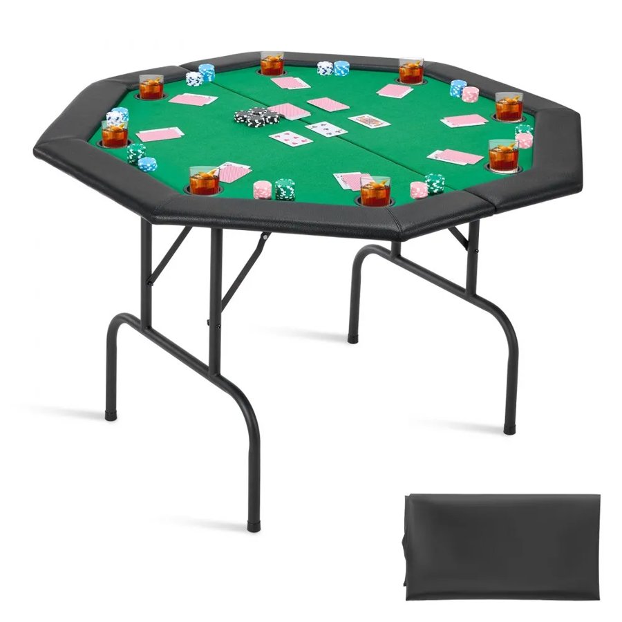 VEVOR Foldable Poker Table, 8 Player 1220 mm Folding Casino Leisure Table with Padded Rails & Cup Holders, Octagonal Portable Game Tables with Felt & Metal Legs, for Texas Hold'em Game and Blackjack