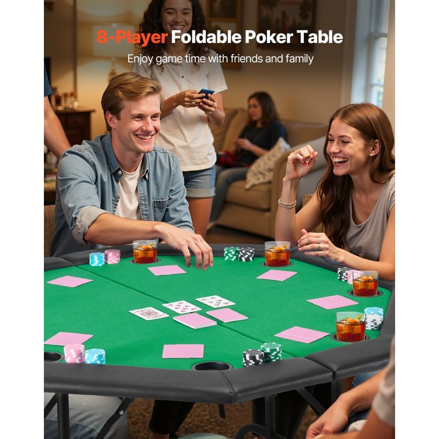 VEVOR Foldable Poker Table, 8 Player 1220 mm Folding Casino Leisure Table with Padded Rails & Cup Holders, Octagonal Portable Game Tables with Felt & Metal Legs, for Texas Hold'em Game and Blackjack