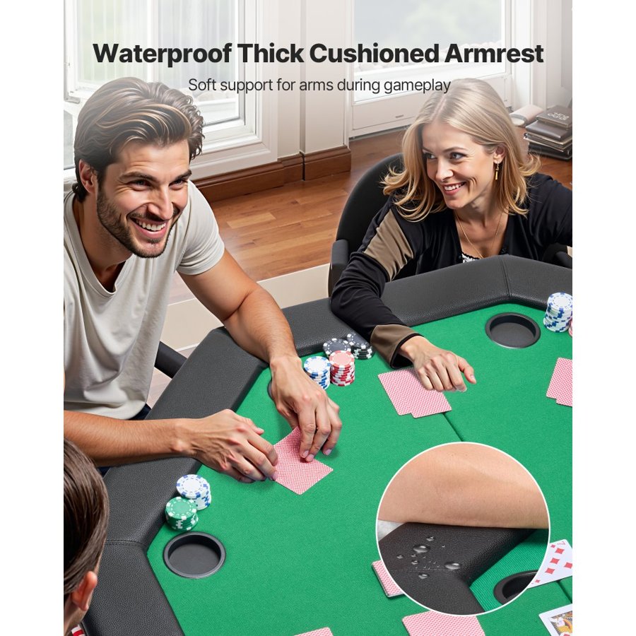 VEVOR Foldable Poker Table, 8 Player 1220 mm Folding Casino Leisure Table with Padded Rails & Cup Holders, Octagonal Portable Game Tables with Felt & Metal Legs, for Texas Hold'em Game and Blackjack