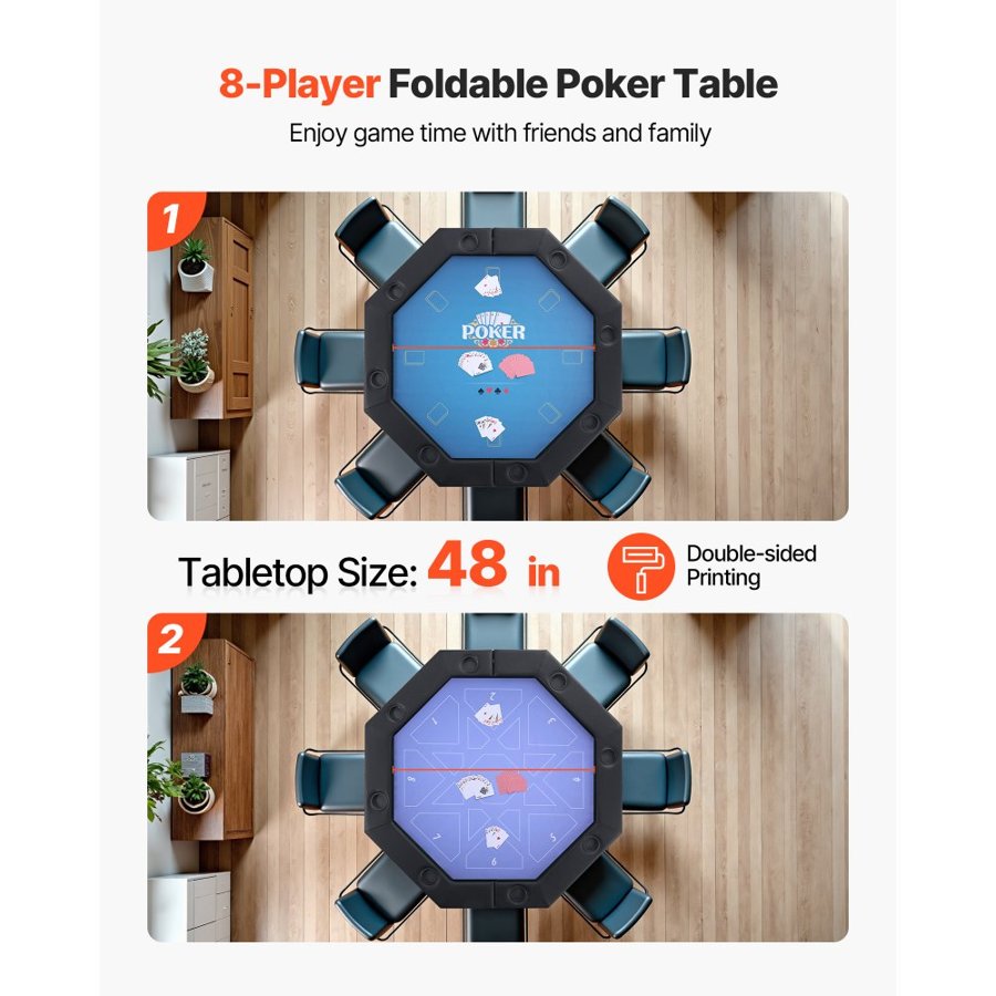 VEVOR Foldable Poker Table, 8 Player 1220 mm Folding Casino Leisure Table with Padded Rails & Cup Holders, Octagonal Portable Game Tables with Felt & Metal Legs, for Texas Hold'em Game and Blackjack
