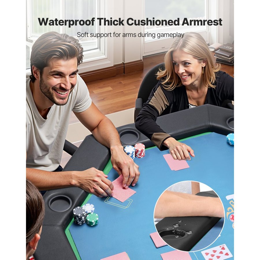 VEVOR Foldable Poker Table, 8 Player 1220 mm Folding Casino Leisure Table with Padded Rails & Cup Holders, Octagonal Portable Game Tables with Felt & Metal Legs, for Texas Hold'em Game and Blackjack
