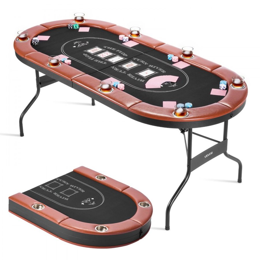 VEVOR Foldable Poker Table, 8 Player 1828.8 mm Folding Casino Leisure Table with Padded Rails & Cup Holders, Oval Portable Game Tables with Felt & Metal Legs, for Texas Hold'em Game and Blackjack