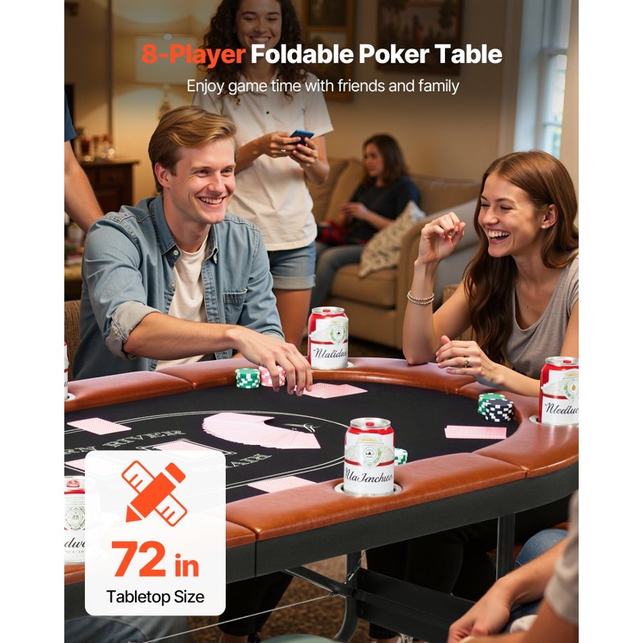 VEVOR Foldable Poker Table, 8 Player 1828.8 mm Folding Casino Leisure Table with Padded Rails & Cup Holders, Oval Portable Game Tables with Felt & Metal Legs, for Texas Hold'em Game and Blackjack