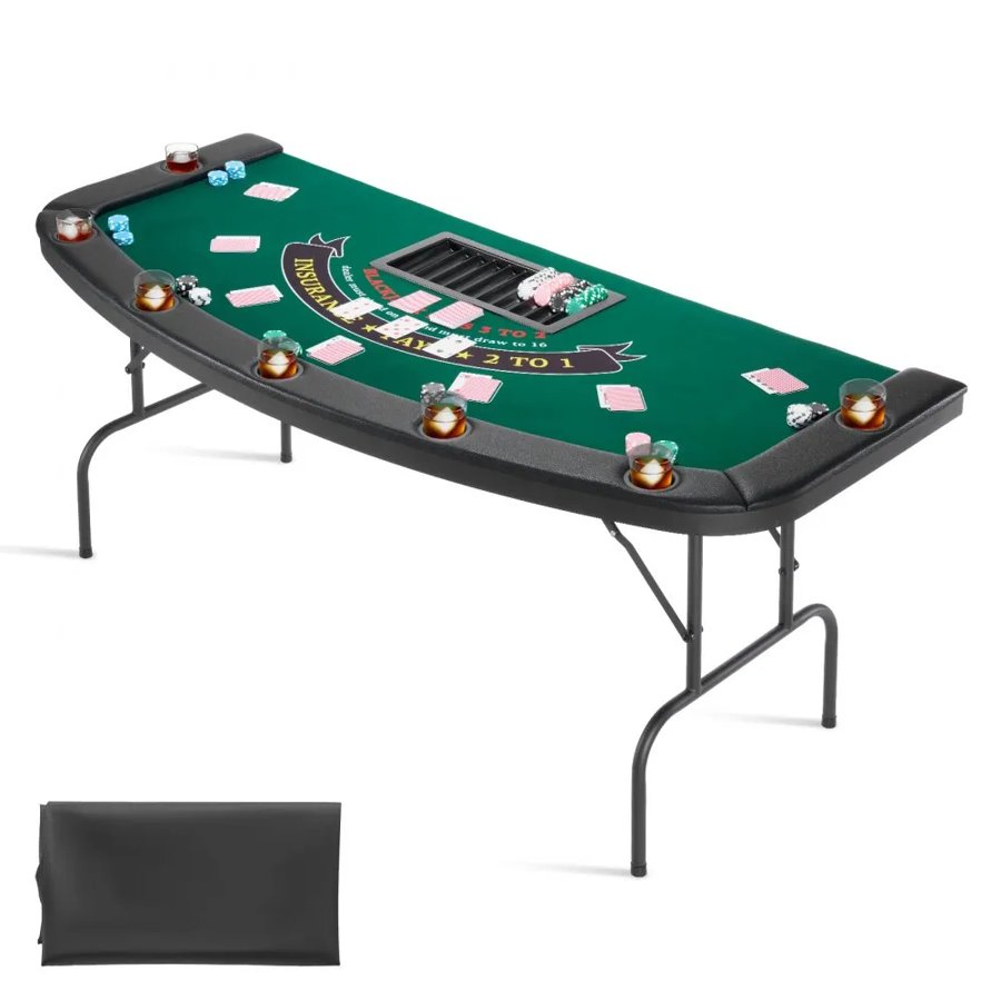 VEVOR Foldable Poker Table, 7 Player 1828.8 mm Folding Casino Leisure Table with Padded Rails & Cup Holders, Semi-oval Portable Game Tables with Felt & Metal Legs, for Texas Hold'em Game and Blackjack