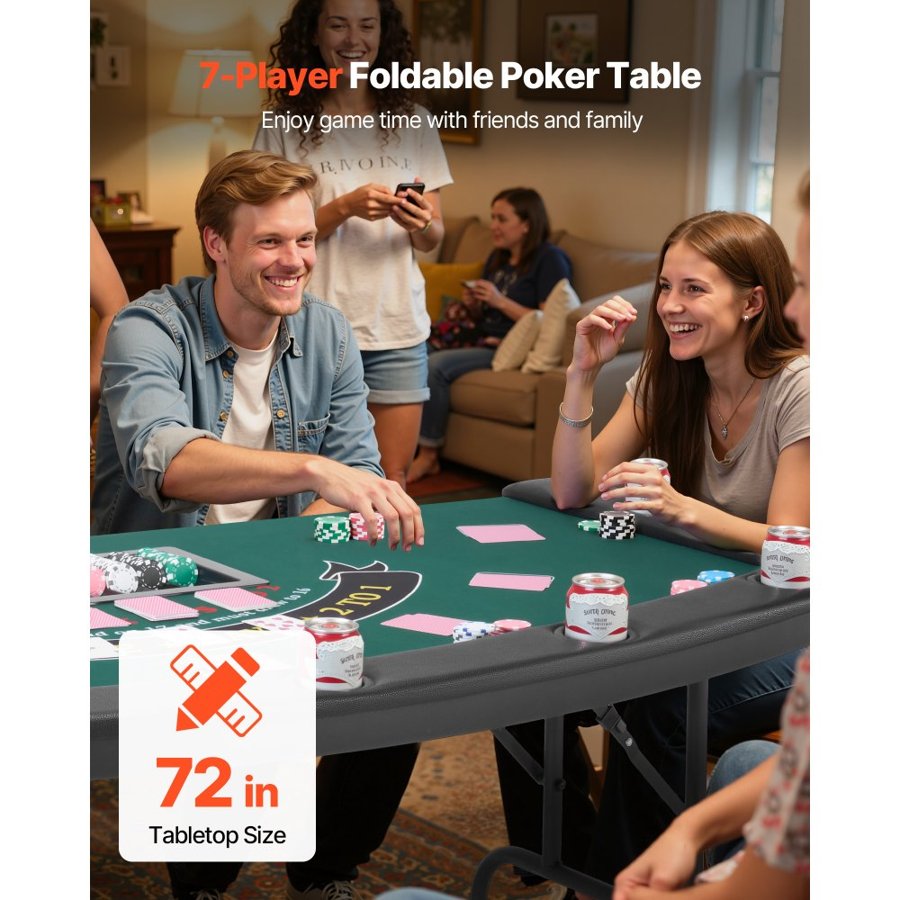 VEVOR Foldable Poker Table, 7 Player 1828.8 mm Folding Casino Leisure Table with Padded Rails & Cup Holders, Semi-oval Portable Game Tables with Felt & Metal Legs, for Texas Hold'em Game and Blackjack