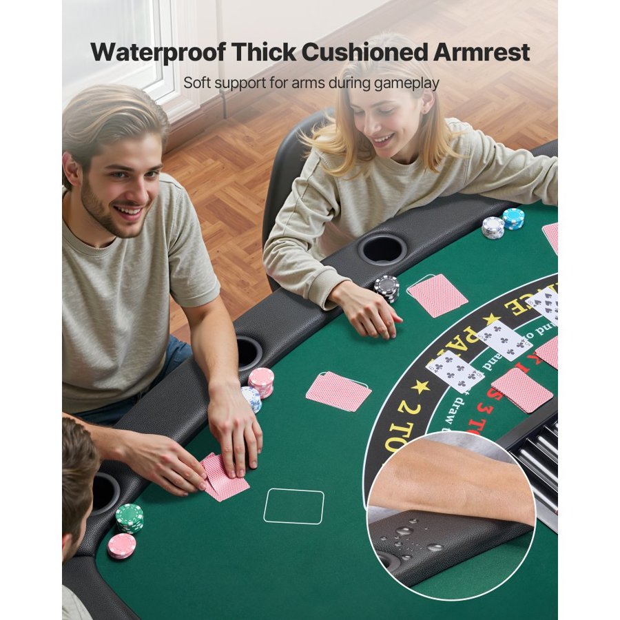 VEVOR Foldable Poker Table, 7 Player 1828.8 mm Folding Casino Leisure Table with Padded Rails & Cup Holders, Semi-oval Portable Game Tables with Felt & Metal Legs, for Texas Hold'em Game and Blackjack