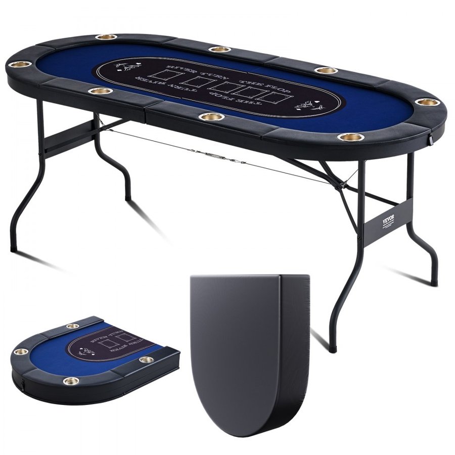 VEVOR 8 Player Foldable Poker Table, Blackjack Texas Holdem Poker Table with Padded Rails and Stainless Steel Cup Holders, Portable Folding Card Board Game Table, 1830 mm Oval Casino Leisure Table