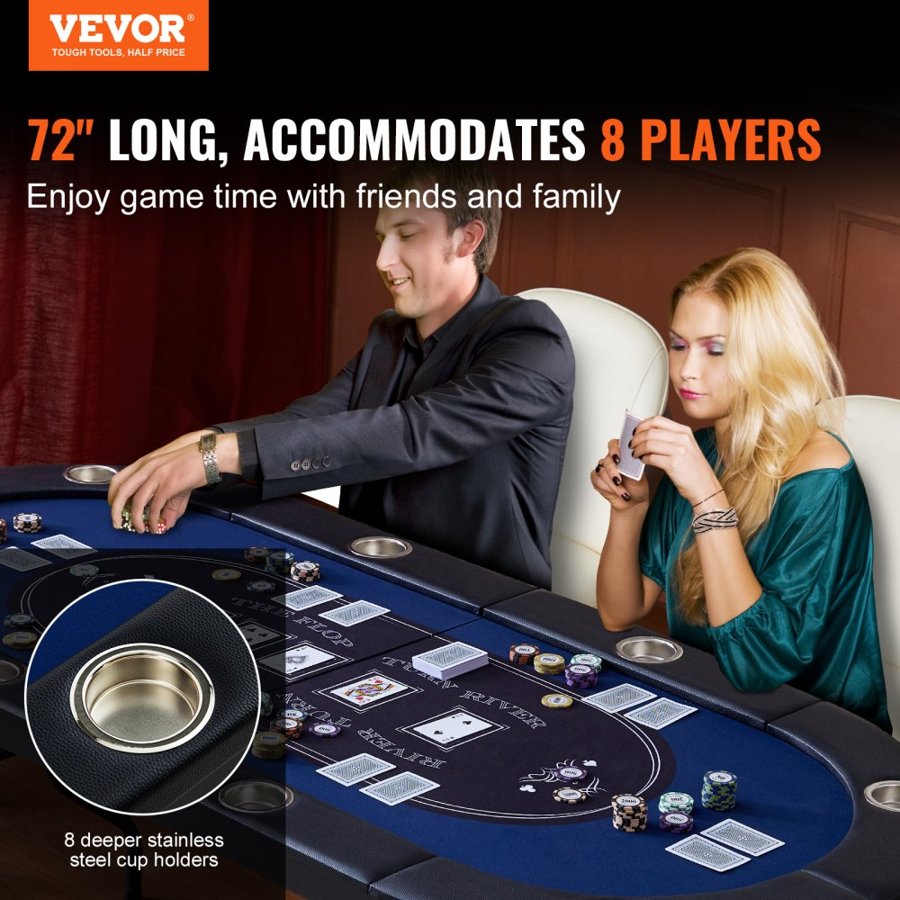 VEVOR 8 Player Foldable Poker Table, Blackjack Texas Holdem Poker Table with Padded Rails and Stainless Steel Cup Holders, Portable Folding Card Board Game Table, 1830 mm Oval Casino Leisure Table