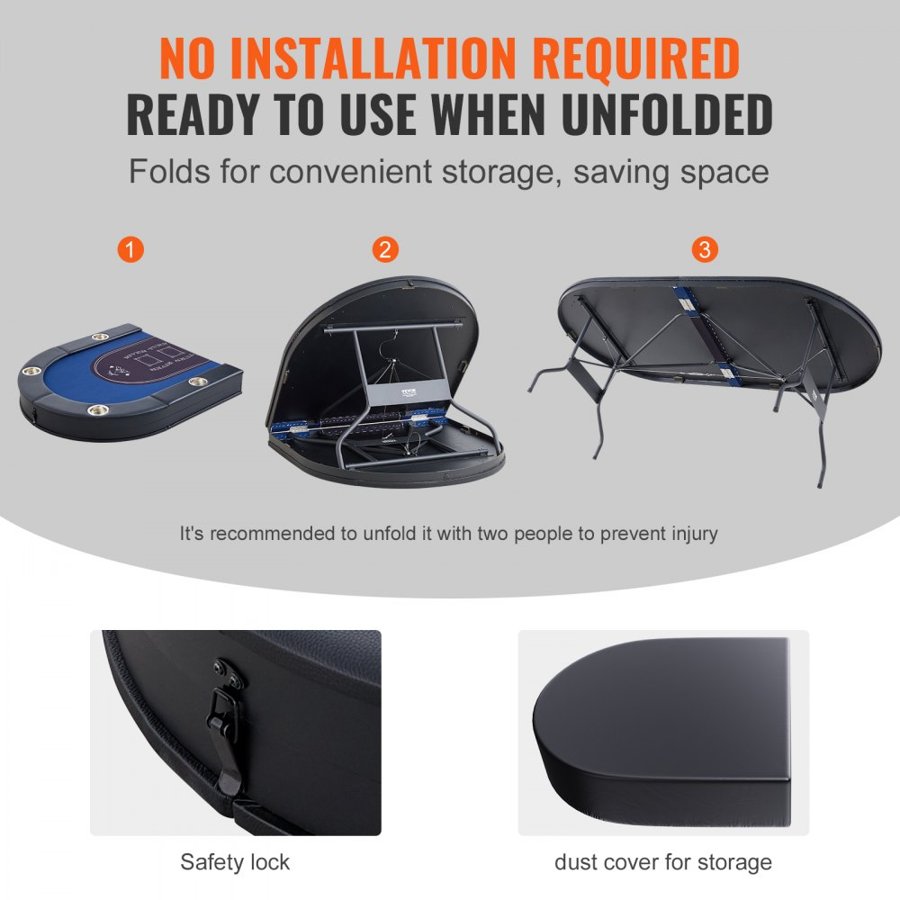 VEVOR 8 Player Foldable Poker Table, Blackjack Texas Holdem Poker Table with Padded Rails and Stainless Steel Cup Holders, Portable Folding Card Board Game Table, 1830 mm Oval Casino Leisure Table