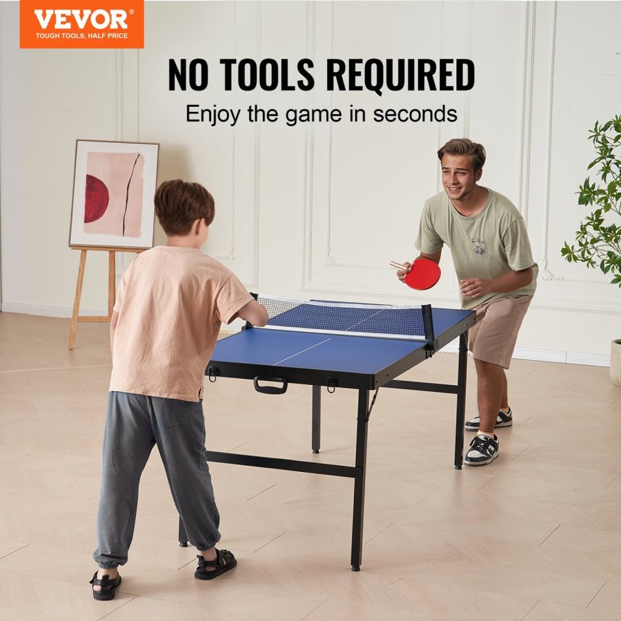 VEVOR Ping Pong Table, Mid-Size Table Tennis Game, Indoor MDF Table Tennis Table, Foldable Portable Complete Ping Pong Table Set with Net, 2 Paddles, 3 Balls, Carry Bag, Handle (No Assembly Required)
