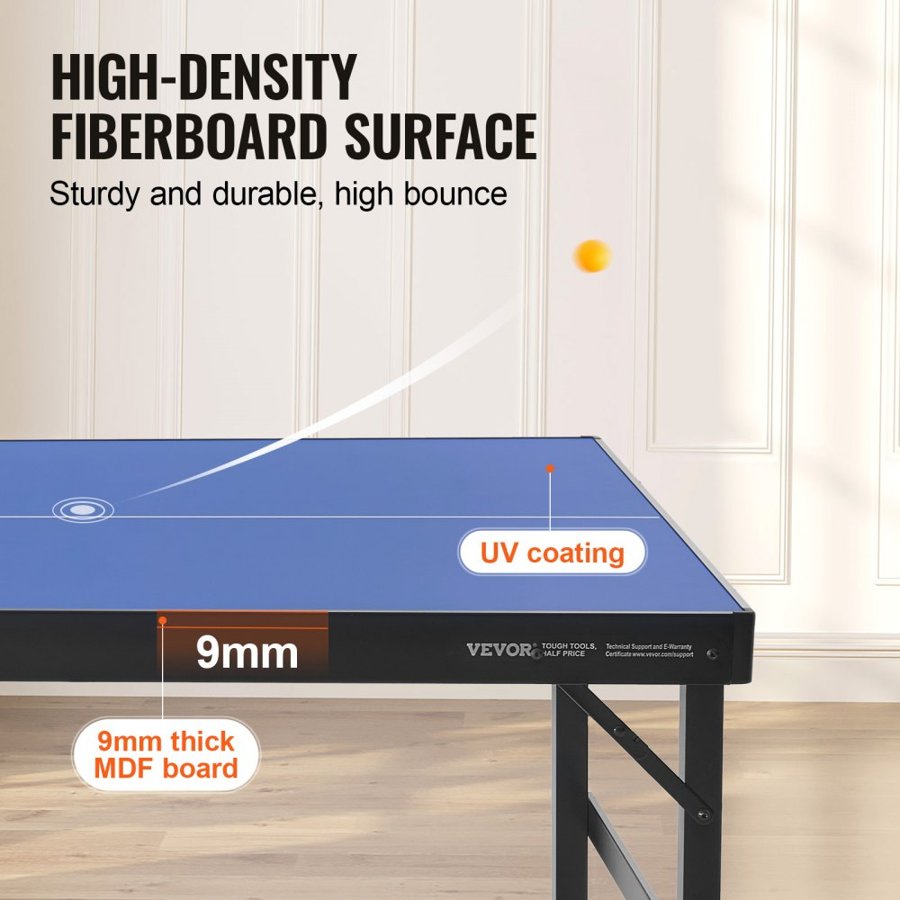 VEVOR Ping Pong Table, Mid-Size Table Tennis Game, Indoor MDF Table Tennis Table, Foldable Portable Complete Ping Pong Table Set with Net, 2 Paddles, 3 Balls, Carry Bag, Handle (No Assembly Required)