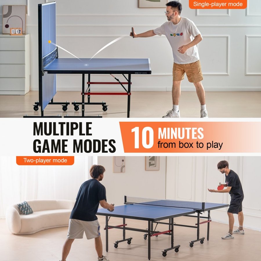 VEVOR Ping Pong Table, Professional Table Tennis Game, Indoor MDF Portable Table Tennis Table, Foldable Ping Pong Table with Quick Clamp Net and Lockable Wheels, 10 Minute Easy Assembly, 18mm Tabletops