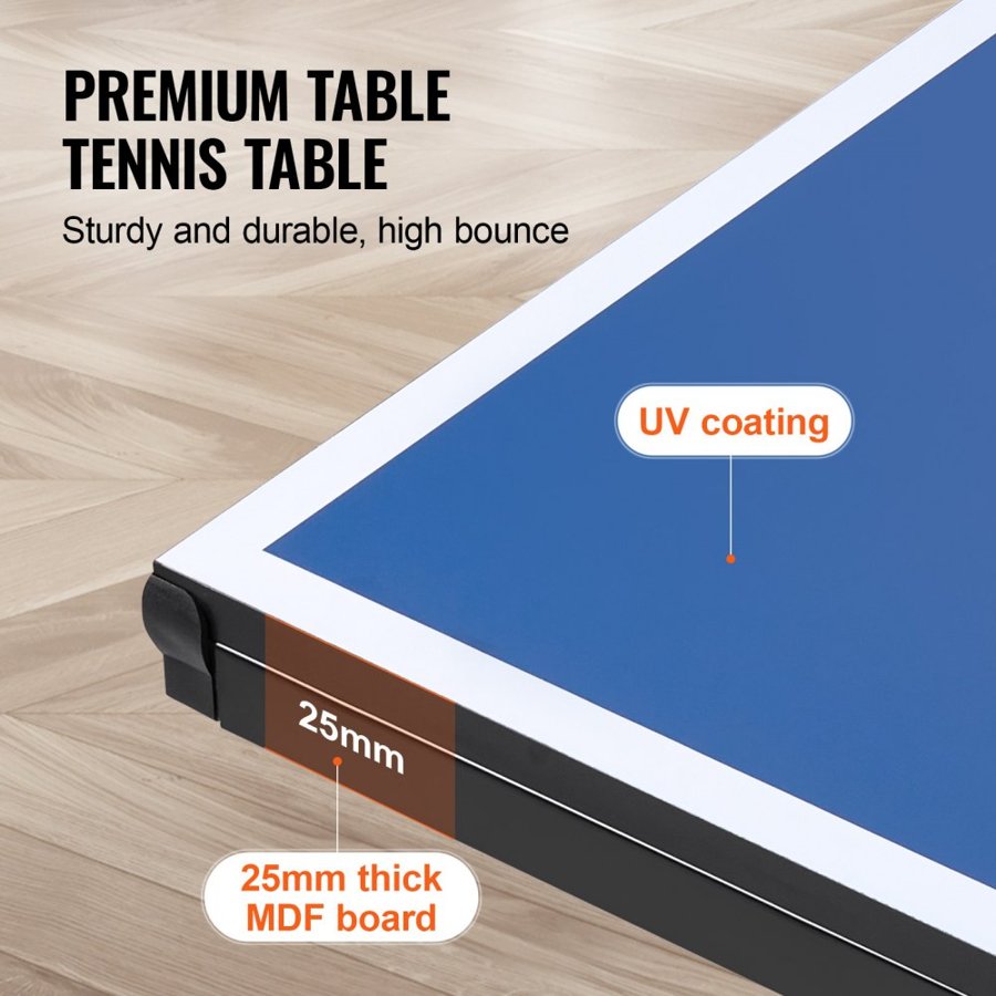 VEVOR Ping Pong Table, Professional Table Tennis Game, Indoor MDF Portable Table Tennis Table, Foldable Ping Pong Table with Quick Clamp Net and Lockable Wheels, 10 Minute Easy Assembly, 25mm Tabletops