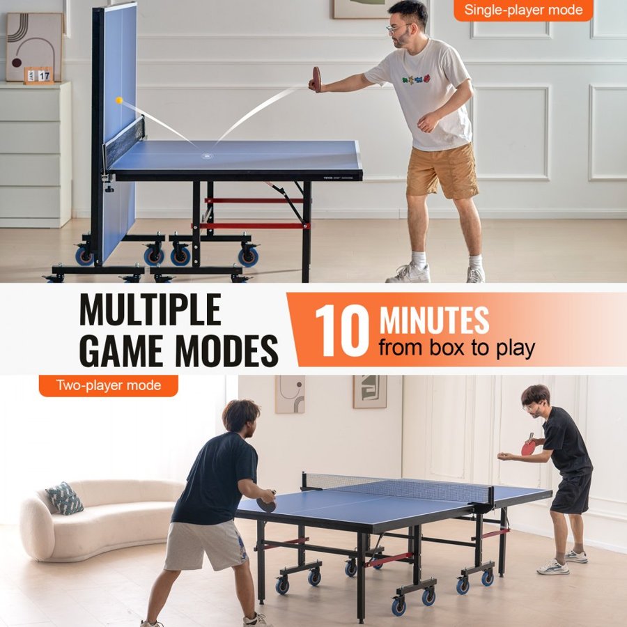 VEVOR Ping Pong Table, Professional Table Tennis Game, Indoor MDF Portable Table Tennis Table, Foldable Ping Pong Table with Quick Clamp Net and Lockable Wheels, 10 Minute Easy Assembly, 25mm Tabletops