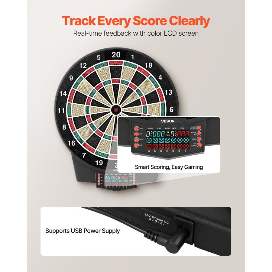 VEVOR 15.5 Inch Electronic Dart Board – 43 Games, 6 Dart