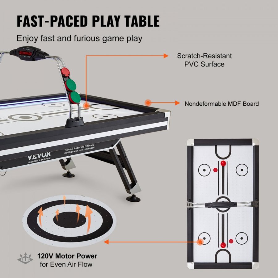 VEVOR Air-Powered Hockey Table, Indoor Hockey Table for Kids and Adults, LED Sports Hockey Game with 2 Pucks, 2 Pushers, and Electronic Score System, Arcade Gaming Set for Game Room Family Home