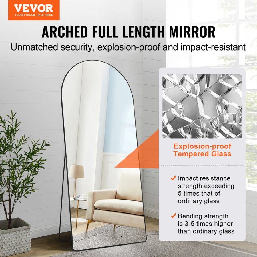 VEVOR Arched Full Length Mirror, 71" x 32", Large Free Standing Leaning Hanging Wall Mounted Floor Mirror with Stand Aluminum Alloy Frame, Full Body Dressing Mirror for Living Room Bedroom, Black