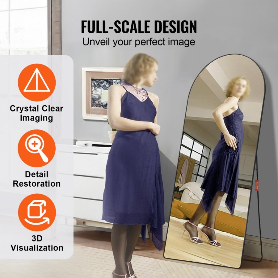 VEVOR Arched Full Length Mirror, 71" x 32", Large Free Standing Leaning Hanging Wall Mounted Floor Mirror with Stand Aluminum Alloy Frame, Full Body Dressing Mirror for Living Room Bedroom, Black