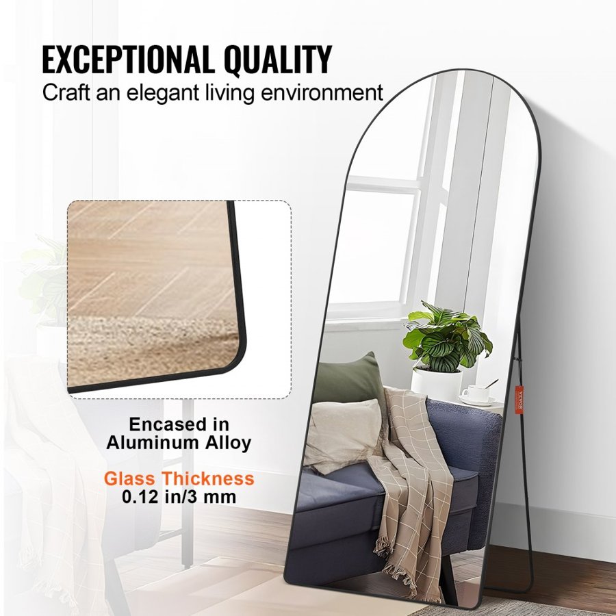 VEVOR Arched Full Length Mirror, 71" x 32", Large Free Standing Leaning Hanging Wall Mounted Floor Mirror with Stand Aluminum Alloy Frame, Full Body Dressing Mirror for Living Room Bedroom, Black